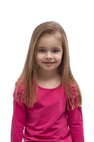 Cintura Até Retrato Uma Linda Menina Sorrindo Loira Com Cabelos — Fotografia de Stock