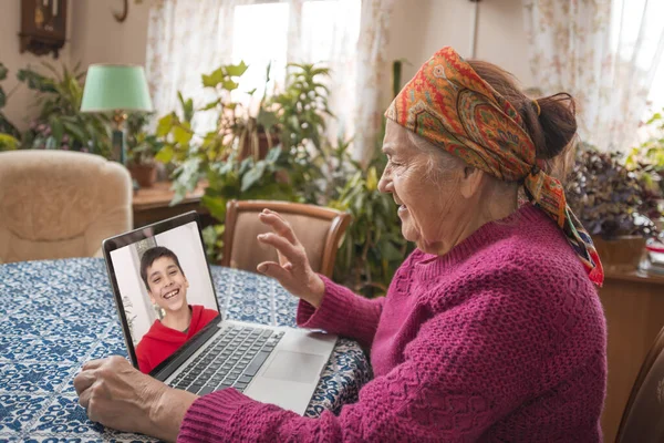 Shot of happy elderly asian woman having fun with great-grandson on the internet using laptop