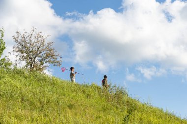 Açık baharda ya da bir yaz gününde dağda yürüyen iki genç çocuk fotoğrafı. Kelebek ağıyla kelebek ya da böcek yakalarlar. Mutlu çocukluk kavramı