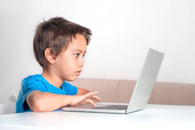 Küçük bir çocuğun dizüstü bilgisayarla oyun oynaması. Modern yaşam tarzı.  