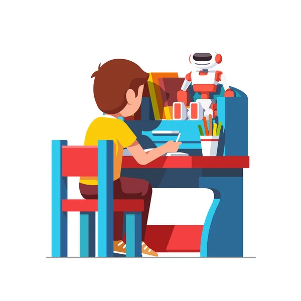 Skolan pojke studera sitter vid blå barn skrivbord — Stock vektor