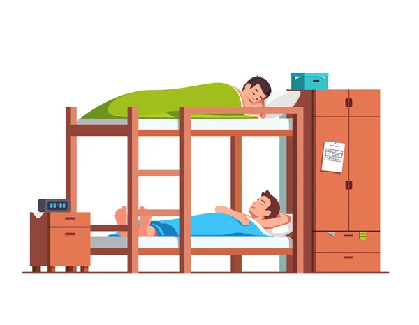 Studenti amici che dormono sul letto a castello nella stanza del dormitorio — Vettoriale Stock