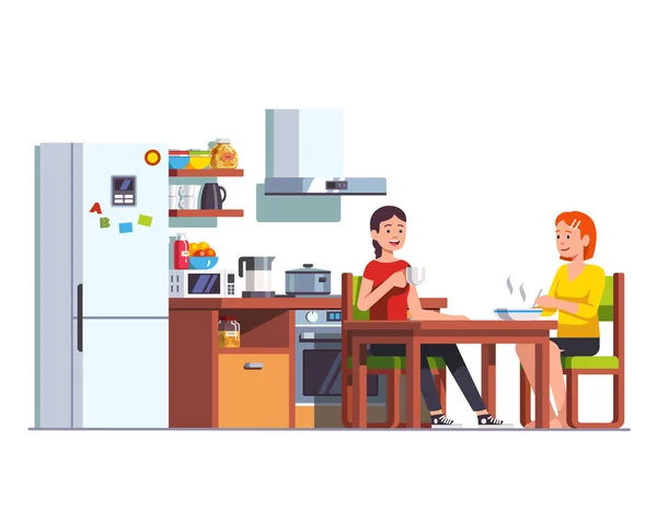 Two girls eating lunch together at home kitchen — Stock Illustration Two girls eating lunch together at home kitchen Royalty Free Stock Vectors