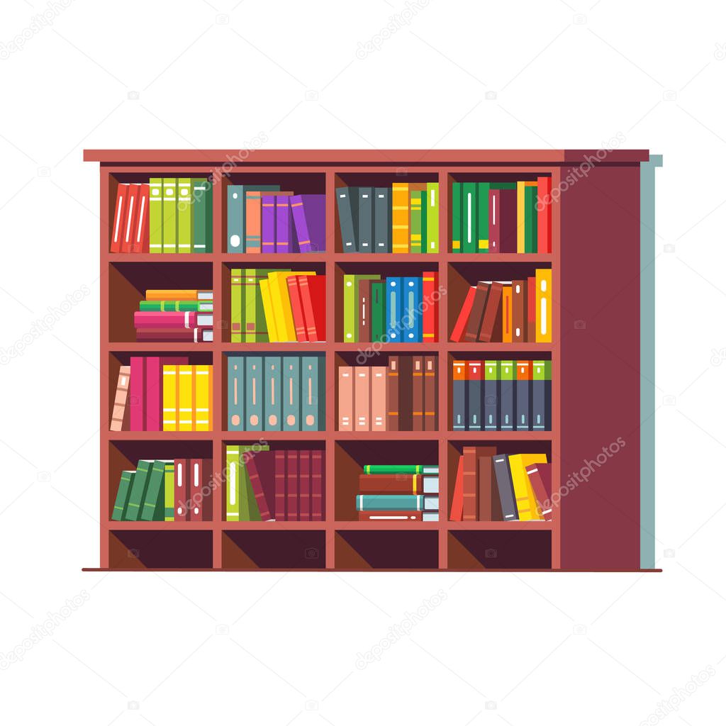 Big library wooden bookcase full of books