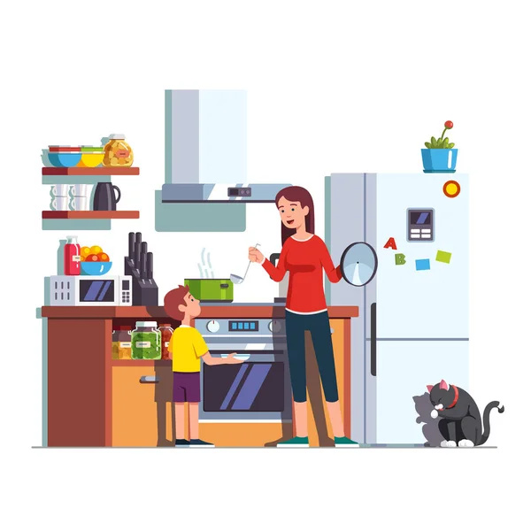 Madre alimentación hijo en casa cocina — Vector de stock