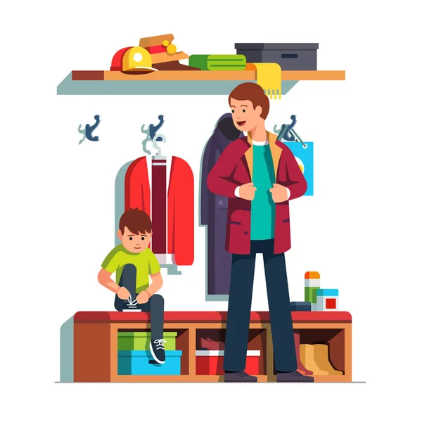 Dad and kid dressing clothes in hall together — Stock Vector