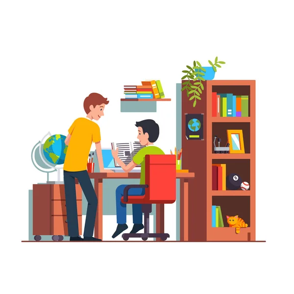 Dois estudantes fazendo lição de casa em casa quarto de criança — Vetor de Stock