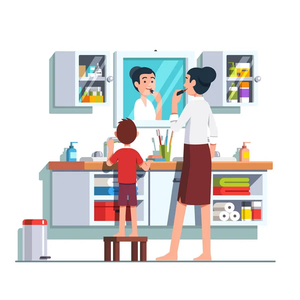 Mother and son getting ready together at bathroom — Stock Vector