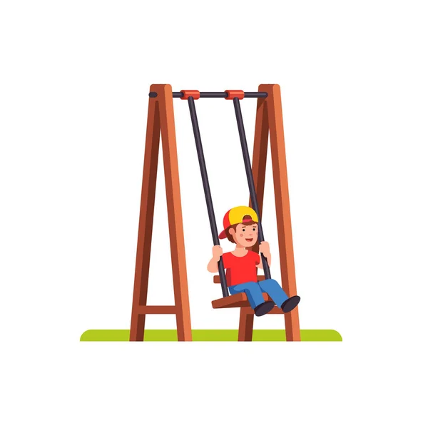 Menino balançando no balanço no playground público — Vetor de Stock