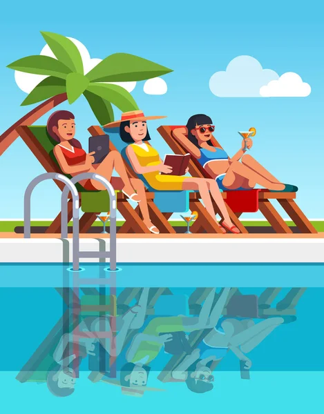 Woman lying on loungers near swimming pool — Stock Vector