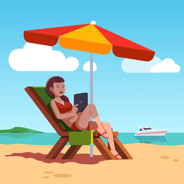 Woman in swimsuit lying on lounger at ocean beach — Stock Vector