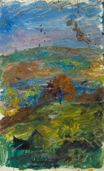 सूर्यास्त पर शरद ऋतु परिदृश्य का सुंदर मूल पुराना तेल चित्रकारी — स्टॉक फ़ोटो, इमेज
