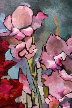 İzlenimcilik sanat, renkli görüntü, arka planlar ve duvar kağıdı, tuval üzerine çiçek desenli boyalı boyama natürmort yağ doku, süsen