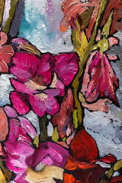 Målning stilleben olja textur, Iris impressionism konst, målade färgbild, bakgrunder och tapeter, blommiga mönster på duk — Stockfoto