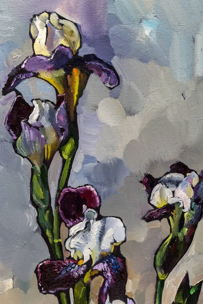 Målning stilleben olja textur, Iris impressionism konst, målade färgbild, bakgrunder och tapeter, blommiga mönster på duk — Stockfoto
