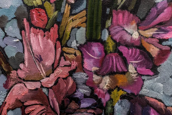 Pintura naturaleza muerta aceite textura, lirios impresionismo arte, pintado imagen de color, fondos de escritorio y papel pintado, patrón floral sobre lienzo — Foto de Stock
