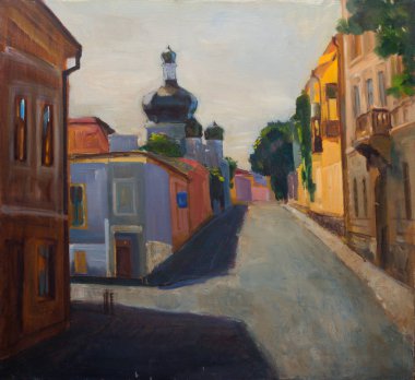 Güzel orijinal yağlı boya peyzaj üzerinde tuval Ukrayna Chernovtsy kilise ile 