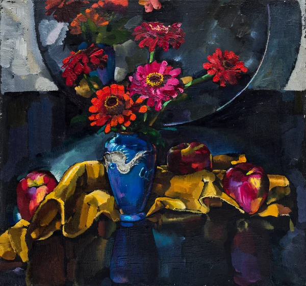 Oil painting still life with   bouquet of flowers in vase