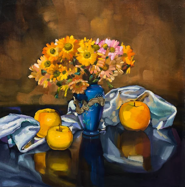 Pintura a óleo ainda vida com buquê de flores em vaso — Fotografia de Stock