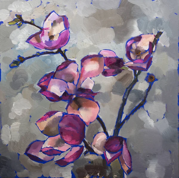 Olieverf schilderij Stilleven met paarse magnolia — Stockfoto