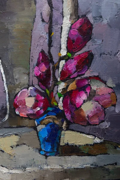 Oil painting still life with  purple  magnolia