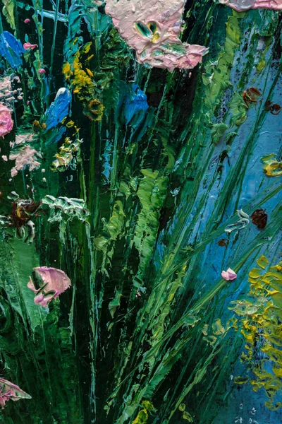 Lukisan minyak masih hidup dengan bunga Di atas kanvas dengan tekstur — Stok Foto
