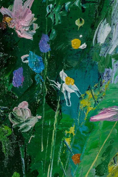 Malarstwo olejne Martwa natura z kwiatami na płótnie z teksturą — Zdjęcie stockowe