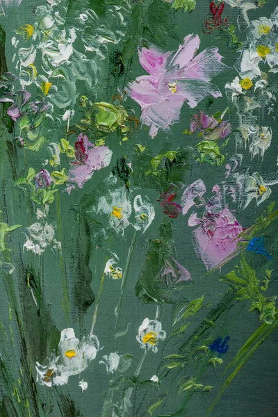 Pintura al óleo Bodegón con flores Sobre Lienzo con textura —  Fotos de Stock