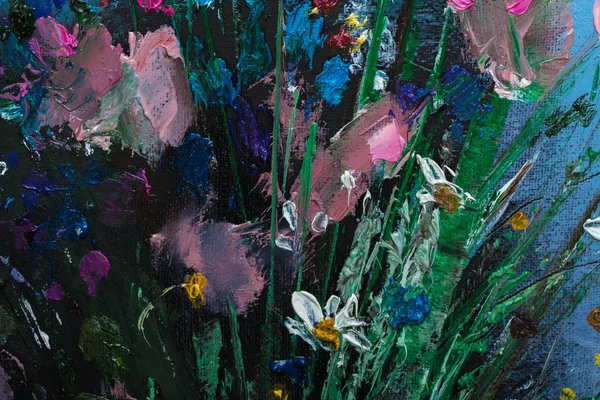 Pintura al óleo Bodegón con flores Sobre Lienzo con textura — Foto de Stock