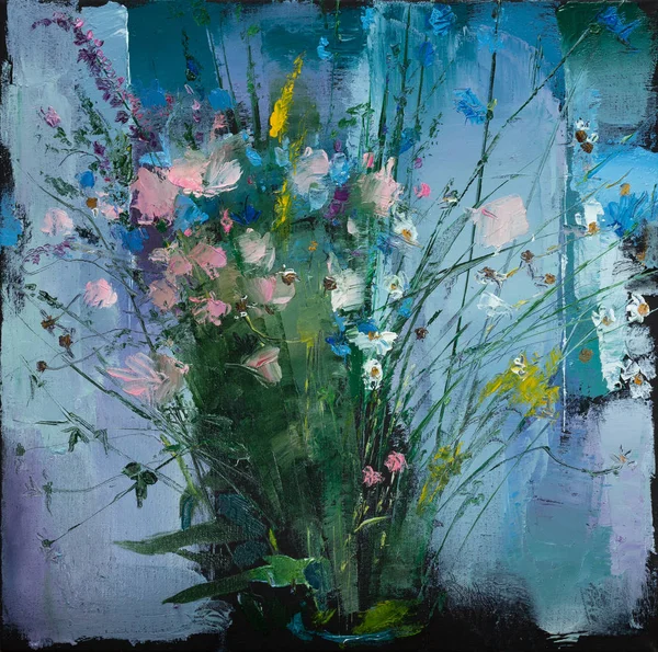 Olieverf schilderij Stilleven met bloemen op Canvas met textuur Stockfoto
