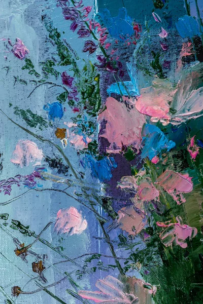 Lukisan minyak masih hidup dengan bunga Di atas kanvas dengan tekstur Stok Foto Bebas Royalti
