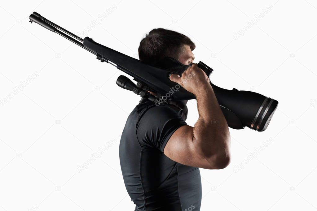 Man with sniper rifle side view isolated