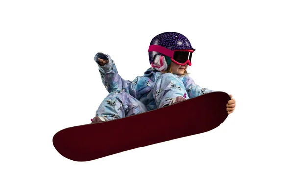 Petite fille snowboarder sautant isolé — Photo