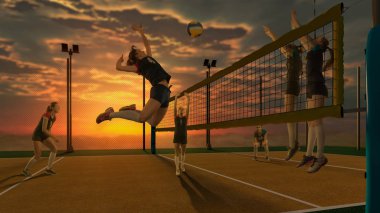 Gün batımı arka plan üzerinde oynayan voleybol oyuncular