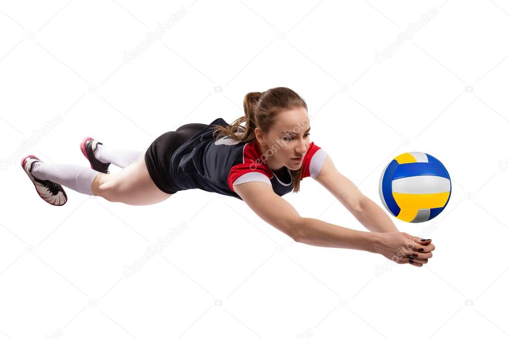 Female volleyball player reaching the ball isolated