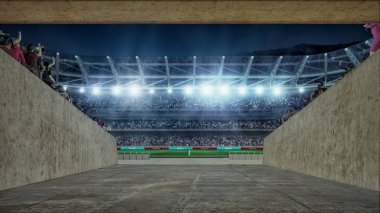 futbol sahası manzaralı koridor girmesini ışıkları ve spectors 3d render