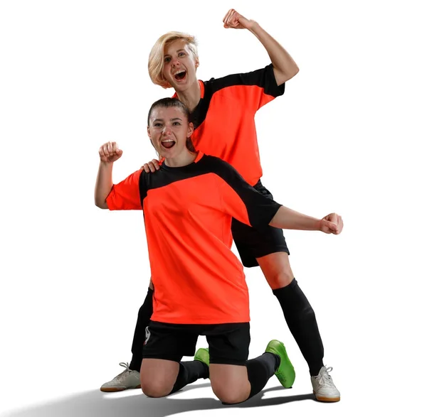 Two female soccer players celebrating victory isolated — Stock Photo, Image