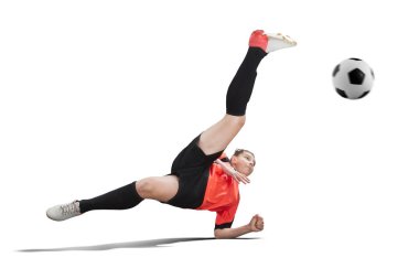 Bayan futbol oyuncu turuncu bisiklet tekme izole yapma üniforma