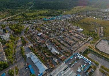 Satka city. Garages. Chellyabinsk region, Russia. Aerial, summer, sunny