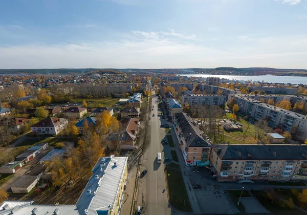 Aerial view Polevskoy city, southern part. Sverdlovsk region, Russia. Aerial, autumn, sunny — Stock Photo, Image