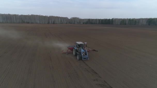 Ein Traktor Pflügt Auf Einem Riesigen Feld Hintergrund Des Waldes — Stockvideo