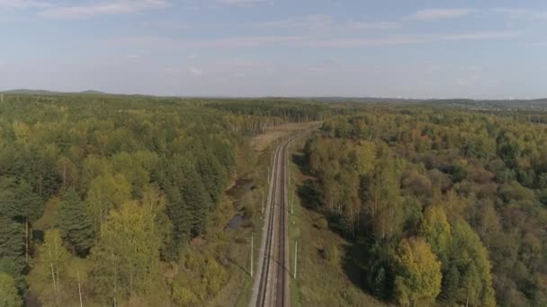 Aerial Näkymä Rautatien Syksyllä Metsässä Muutama Pilvi Taivaalla Eri Väriset — kuvapankkivideo