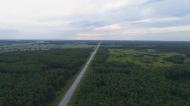 Tepelerin yakınındaki yaz orman yolunda bir kamyon ve arabaların drone görüntüsü. İyi akşamlar.