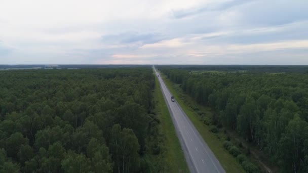 Drone Aerial Shot Trucks Cars Summer Forest Road Hills Evening — Stock Video