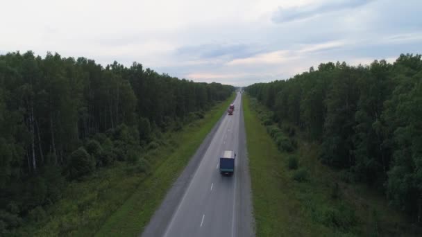 丘の近くの夏の森の道路上のトラックや車のドローン空中撮影 — ストック動画