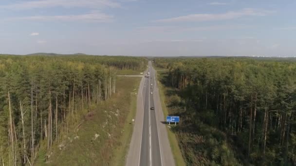 Vista Aérea Rodovia Floresta Outono Carros Caminhões Dirigem Longo Estrada — Vídeo de Stock