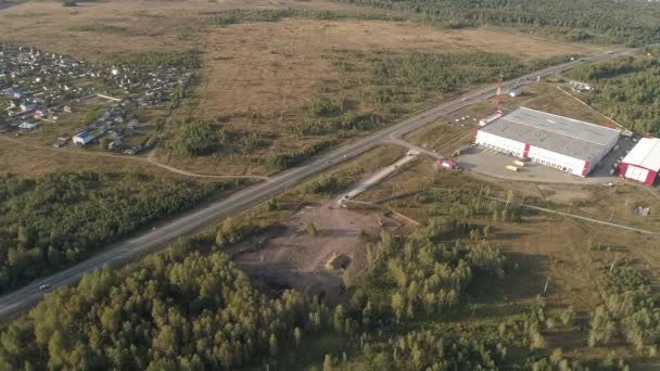 Aerial View Logistics Center Construction Site Next Highway Cars Drive — Stock Video