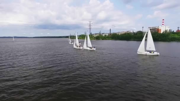12歳 レガッタ 工業景観と都市の池でヨットをセーリングの空中ビュー 夏曇りの日 — ストック動画