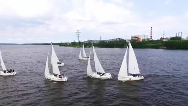 Regata Vista Aérea Los Yates Vela Estanque Ciudad Con Paisaje — Vídeos de Stock