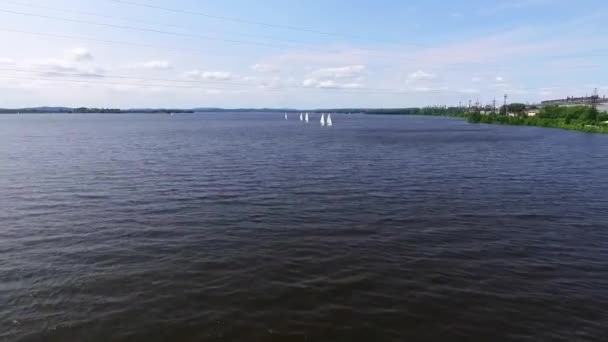 Regatta Flygfoto Segling Yachts Stadsdamm Med Industrilandskap Sommaren Solig Dag — Stockvideo